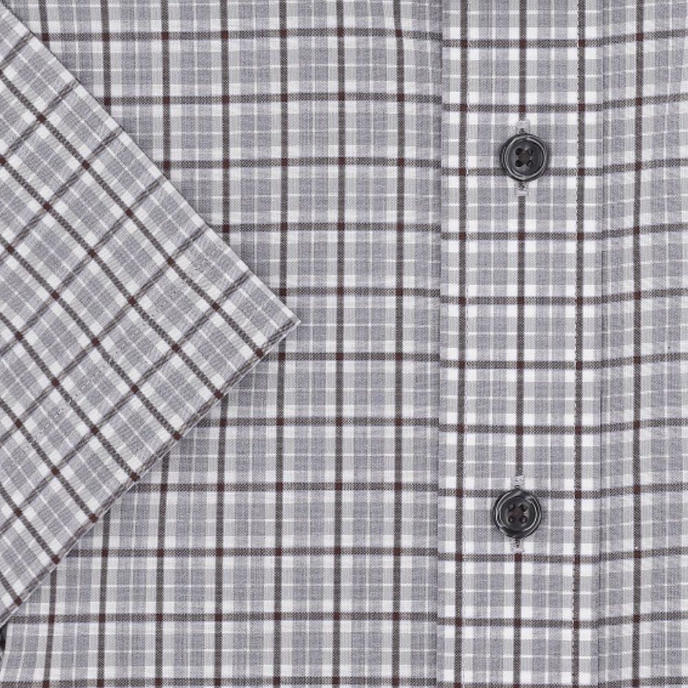 Grey Plaid Short Sleeve No-Iron Cotton Sport Shirt with Button Down Collar by Leo Chevalier