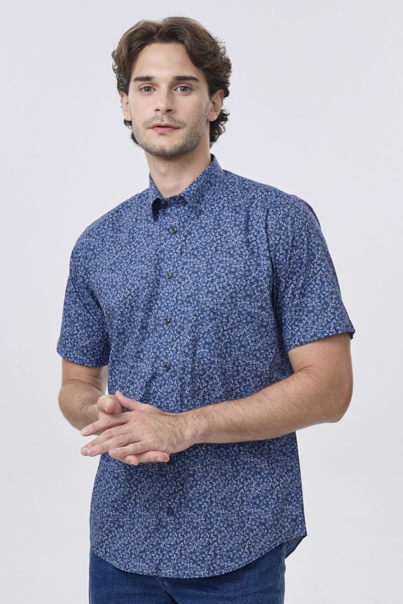 Navy and Blue Botanical Leaf Print Short Sleeve No-Iron Cotton Sport Shirt with Hidden Button Down Collar by Leo Chevalier
