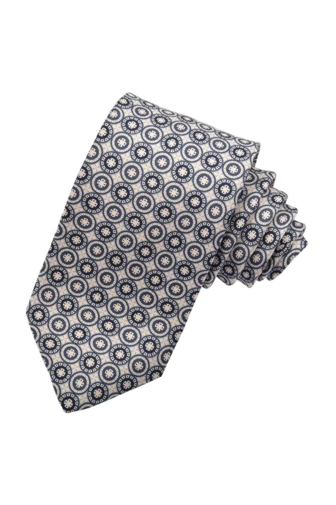 Charcoal, Grey, and Navy Circular Medallion Silk Printed Panama Tie by Dion Neckwear