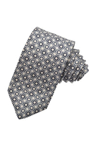 Charcoal, Grey, and Navy Circular Medallion Silk Printed Panama Tie by Dion Neckwear