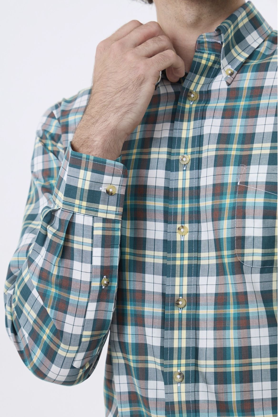 Summer Weight Green Multi Check Cotton and Wool Blend Button-Down Shirt by Viyella