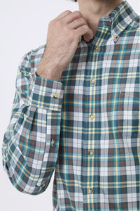 Summer Weight Green Multi Check Cotton and Wool Blend Button-Down Shirt by Viyella