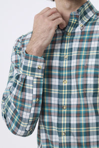 Summer Weight Green Multi Check Cotton and Wool Blend Button-Down Shirt by Viyella
