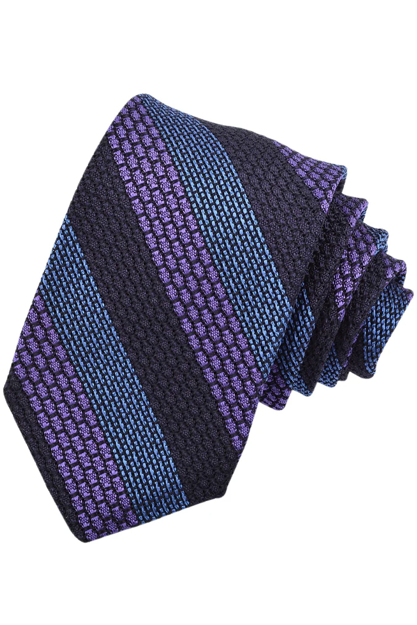 Lavender, French Blue, and Navy Multi Texture Double Bar Stripe Italian Garza Grossa Grenadine Silk Tie by Dion Neckwear
