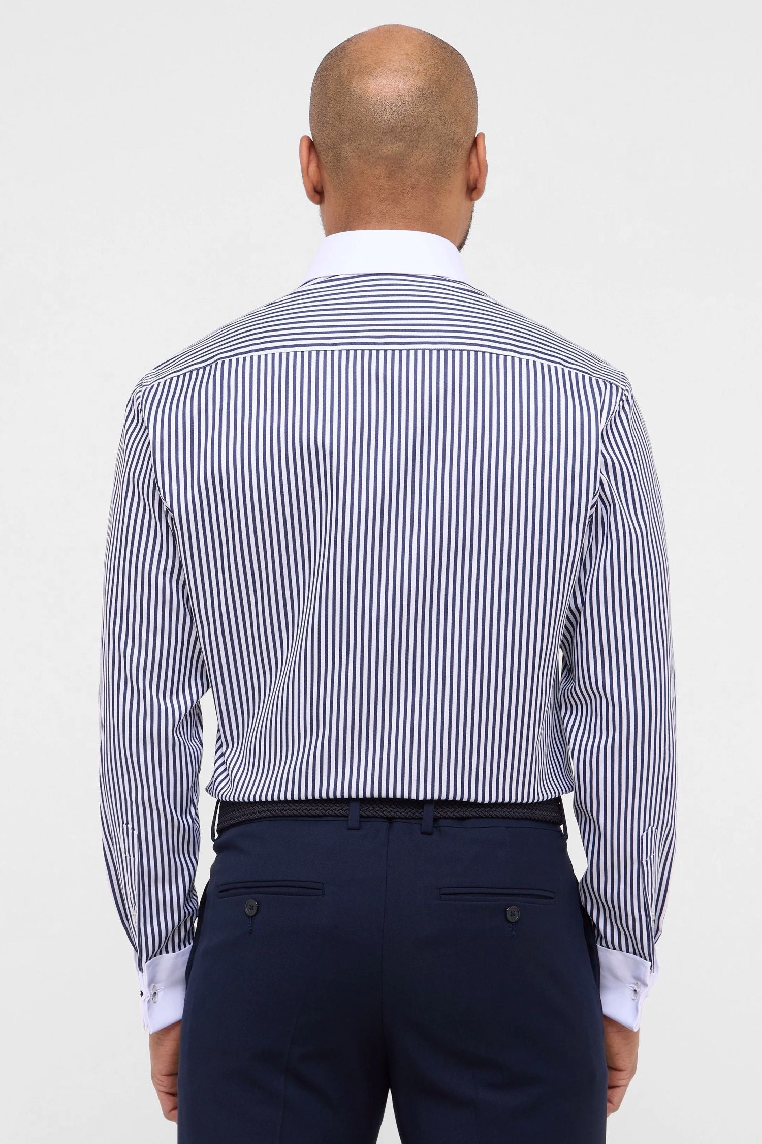 'Striped Sateen' in Navy with Contrast Collar and Cuff - Modern Fit - Two Ply Cotton Twill Dress Shirt with Kent Collar by Eterna 1863
