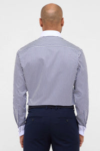 'Striped Sateen' in Navy with Contrast Collar and Cuff - Modern Fit - Two Ply Cotton Twill Dress Shirt with Kent Collar by Eterna 1863