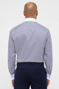 'Striped Sateen' in Navy with Contrast Collar and Cuff - Modern Fit - Two Ply Cotton Twill Dress Shirt with Kent Collar by Eterna 1863