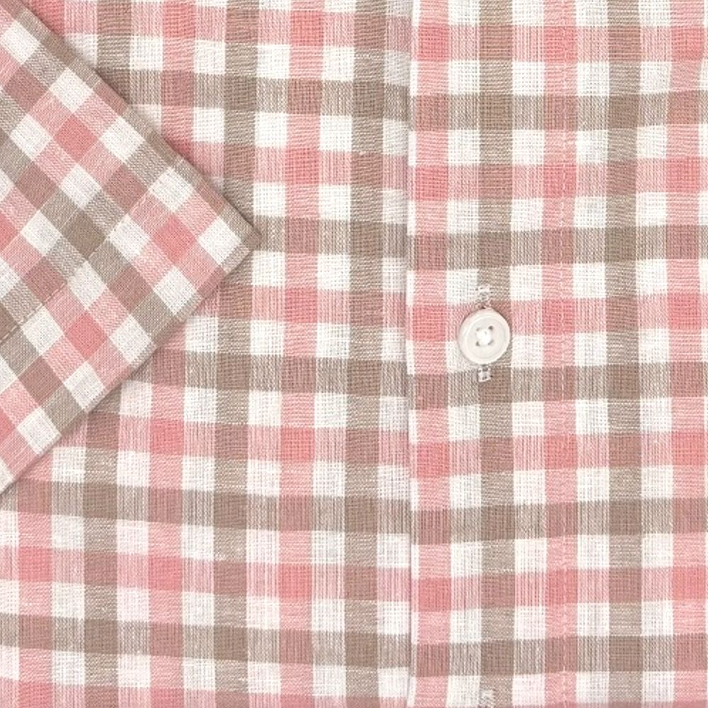 Linen and Cotton Short Sleeve Sport Shirt in Coral and Beige Plaid by Viyella