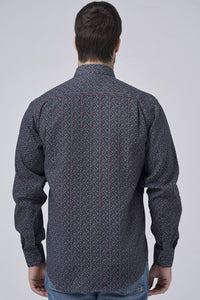 Navy, Green, and Wine Abstract Print No-Iron Cotton Sport Shirt with Hidden Button Down Collar by Leo Chevalier