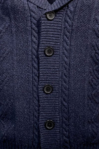 Shawl Collar Wool Blend Button-Front Cable Knit Cardigan Sweater (Size Large) in Indigo by Viyella