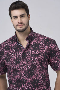 Large Floral Print Short Sleeve No-Iron Cotton Sport Shirt with Hidden Button Down Collar by Leo Chevalier