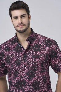 Large Floral Print Short Sleeve No-Iron Cotton Sport Shirt with Hidden Button Down Collar by Leo Chevalier