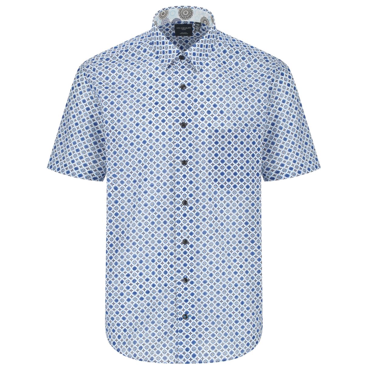 Blue Neat Geometric Print Short Sleeve No-Iron Cotton Sport Shirt with Hidden Button Down Collar by Leo Chevalier