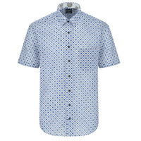 Blue Neat Geometric Print Short Sleeve No-Iron Cotton Sport Shirt with Hidden Button Down Collar by Leo Chevalier