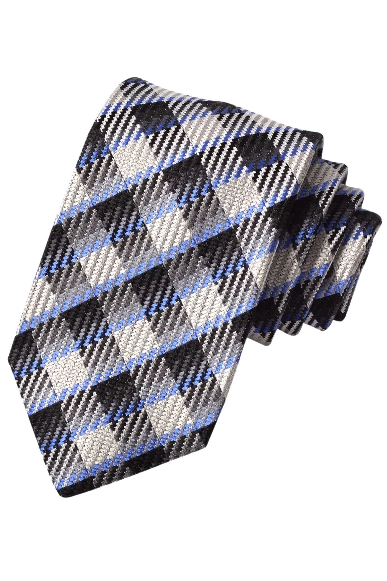 Onyx, Grey, French Blue, and Latte Herringbone Plaid Italian Silk Woven Jacquard Tie by Dion Neckwear