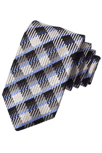 Onyx, Grey, French Blue, and Latte Herringbone Plaid Italian Silk Woven Jacquard Tie by Dion Neckwear