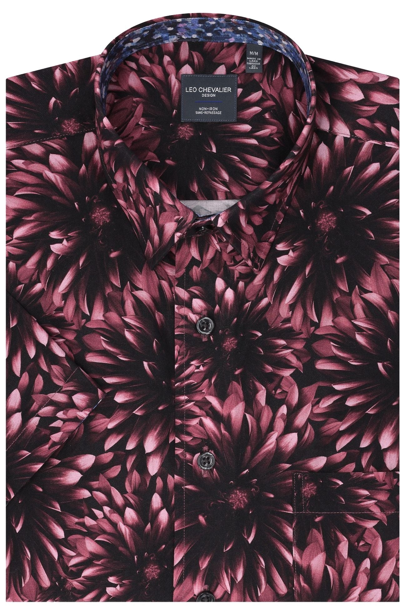 Large Floral Print Short Sleeve No-Iron Cotton Sport Shirt with Hidden Button Down Collar by Leo Chevalier