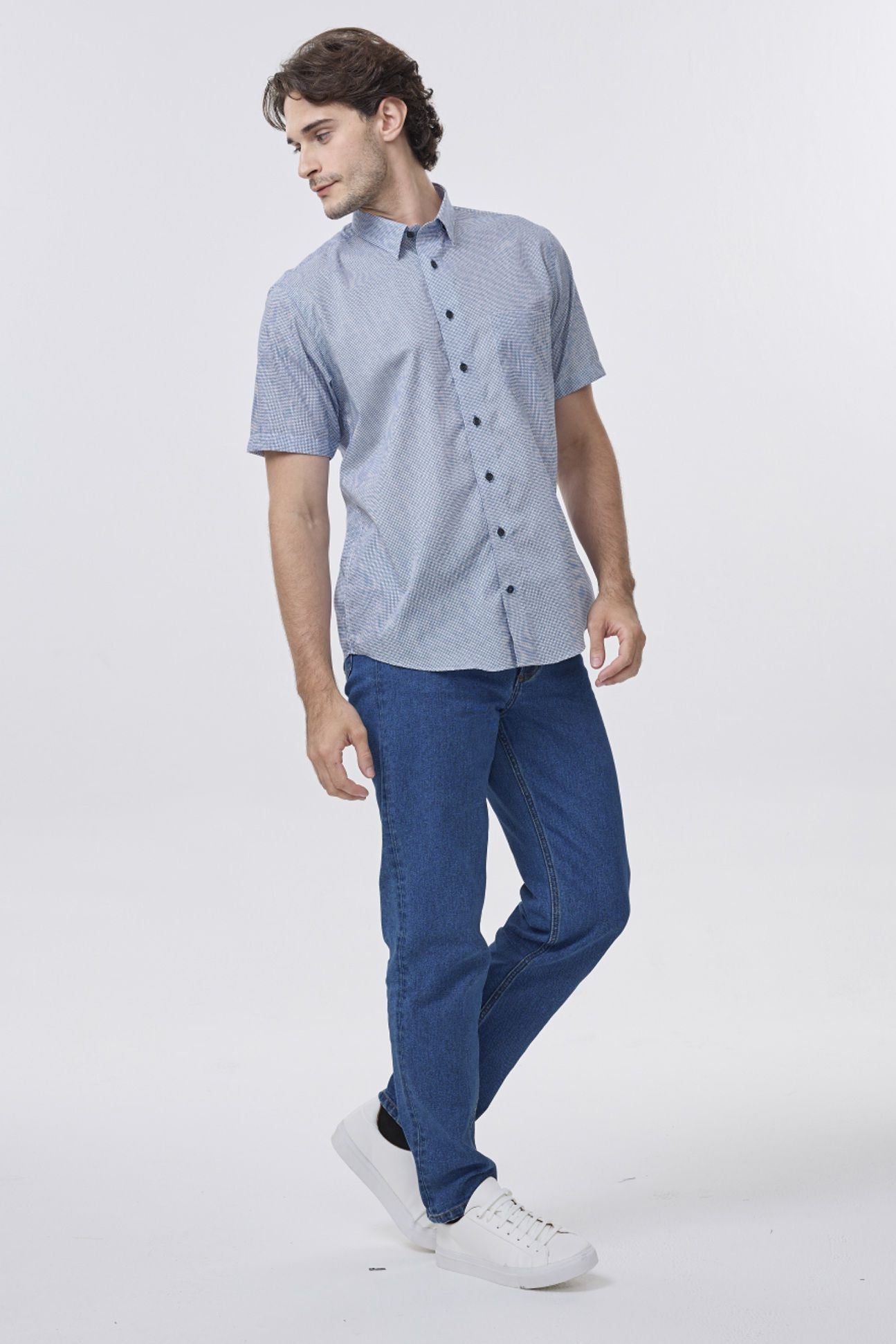 Blue and White Neat Grid Short Sleeve No-Iron Cotton Sport Shirt with Hidden Button Down Collar by Leo Chevalier