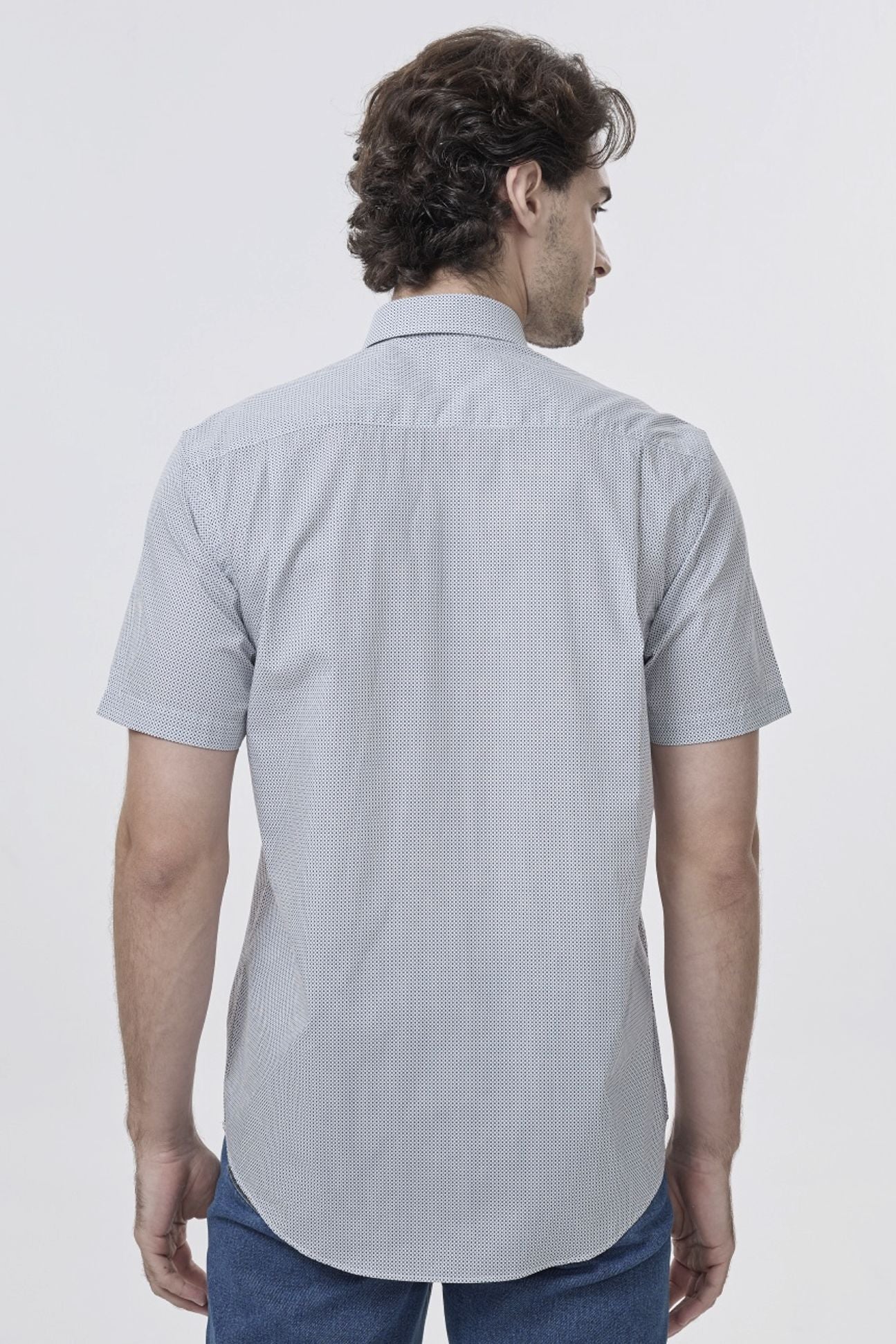 Multi Grey Mini Neat Geometric Short Sleeve No-Iron Cotton Sport Shirt with Hidden Button Down Collar by Leo Chevalier
