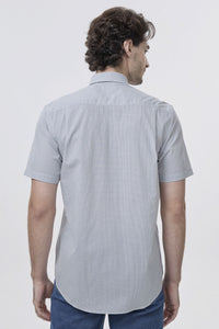 Multi Grey Mini Neat Geometric Short Sleeve No-Iron Cotton Sport Shirt with Hidden Button Down Collar by Leo Chevalier
