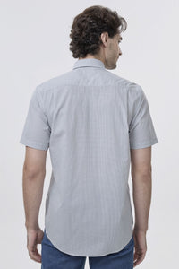 Multi Grey Mini Neat Geometric Short Sleeve No-Iron Cotton Sport Shirt with Hidden Button Down Collar by Leo Chevalier