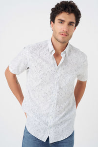 Grey and White Abstract Print Short Sleeve No-Iron Cotton Sport Shirt with Hidden Button Down Collar by Leo Chevalier