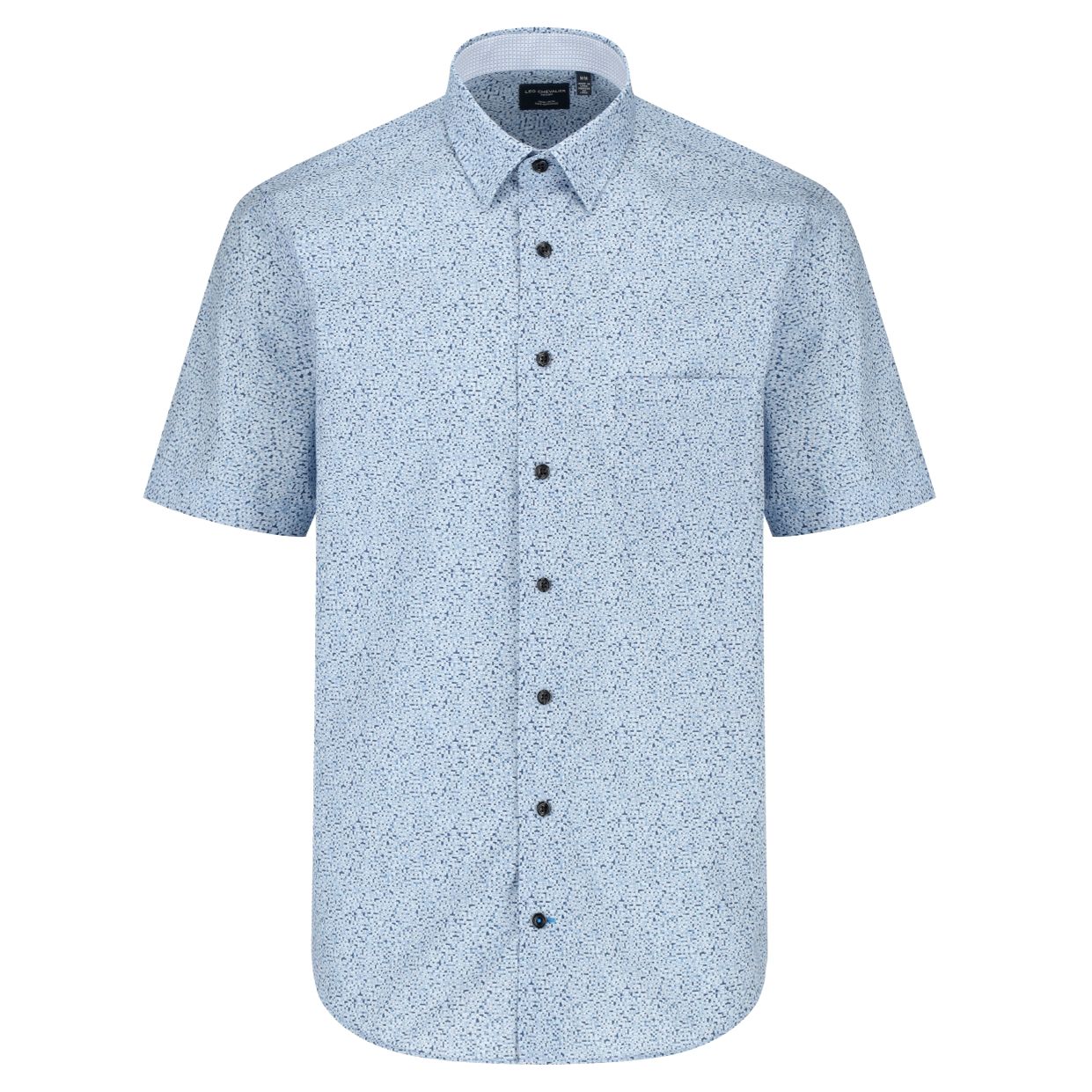 Sky Blue Geometric Print Short Sleeve No-Iron Cotton Sport Shirt with Hidden Button Down Collar by Leo Chevalier