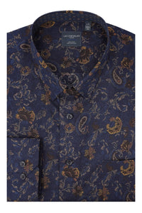 Navy and Gold Floral Paisley Print No-Iron Cotton Sport Shirt with Hidden Button Down Collar by Leo Chevalier