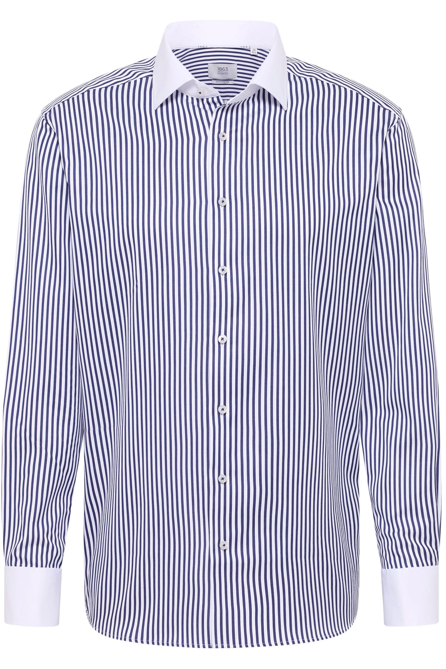 'Striped Sateen' in Navy with Contrast Collar and Cuff - Modern Fit - Two Ply Cotton Twill Dress Shirt with Kent Collar by Eterna 1863