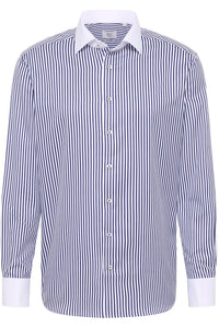 'Striped Sateen' in Navy with Contrast Collar and Cuff - Modern Fit - Two Ply Cotton Twill Dress Shirt with Kent Collar by Eterna 1863