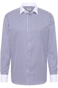 'Striped Sateen' in Navy with Contrast Collar and Cuff - Modern Fit - Two Ply Cotton Twill Dress Shirt with Kent Collar by Eterna 1863