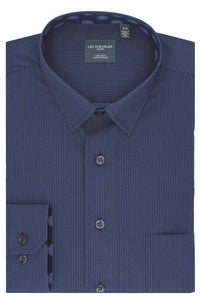 Navy and Blue Printed Circle Cotton Sport Shirt with Hidden Button Down Collar by Leo Chevalier
