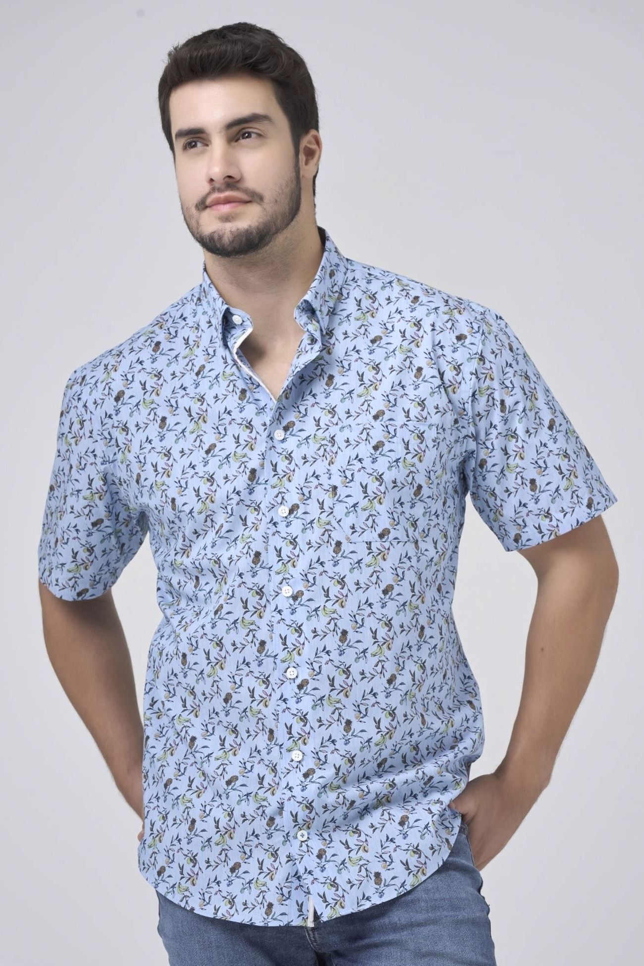 Light Blue Tropical Print Sleeve No-Iron Cotton Sport Shirt with Hidden Button Down Collar by Leo Chevalier