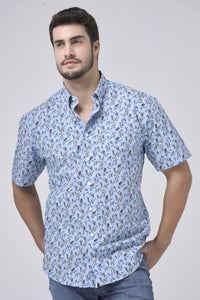 Light Blue Tropical Print Sleeve No-Iron Cotton Sport Shirt with Hidden Button Down Collar by Leo Chevalier