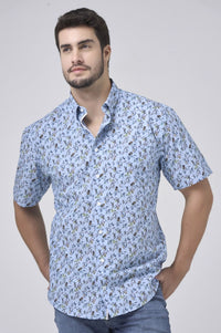 Light Blue Tropical Print Sleeve No-Iron Cotton Sport Shirt with Hidden Button Down Collar by Leo Chevalier
