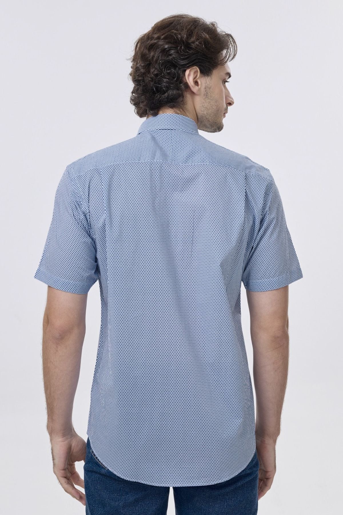 Blue and White Micro Geometric Print Short Sleeve No-Iron Cotton Sport Shirt with Hidden Button Down Collar by Leo Chevalier