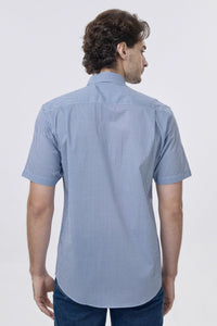 Blue and White Micro Geometric Print Short Sleeve No-Iron Cotton Sport Shirt with Hidden Button Down Collar by Leo Chevalier