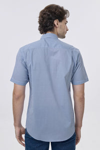 Blue and White Micro Geometric Print Short Sleeve No-Iron Cotton Sport Shirt with Hidden Button Down Collar by Leo Chevalier