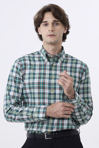 Summer Weight Green Multi Check Cotton and Wool Blend Button-Down Shirt by Viyella
