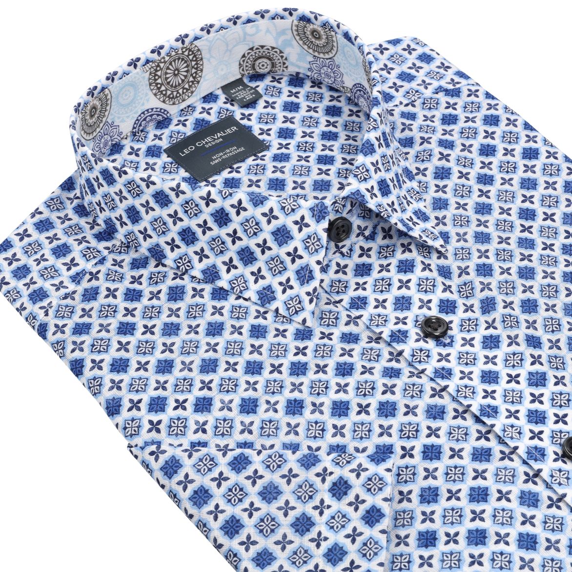 Blue Neat Geometric Print Short Sleeve No-Iron Cotton Sport Shirt with Hidden Button Down Collar by Leo Chevalier