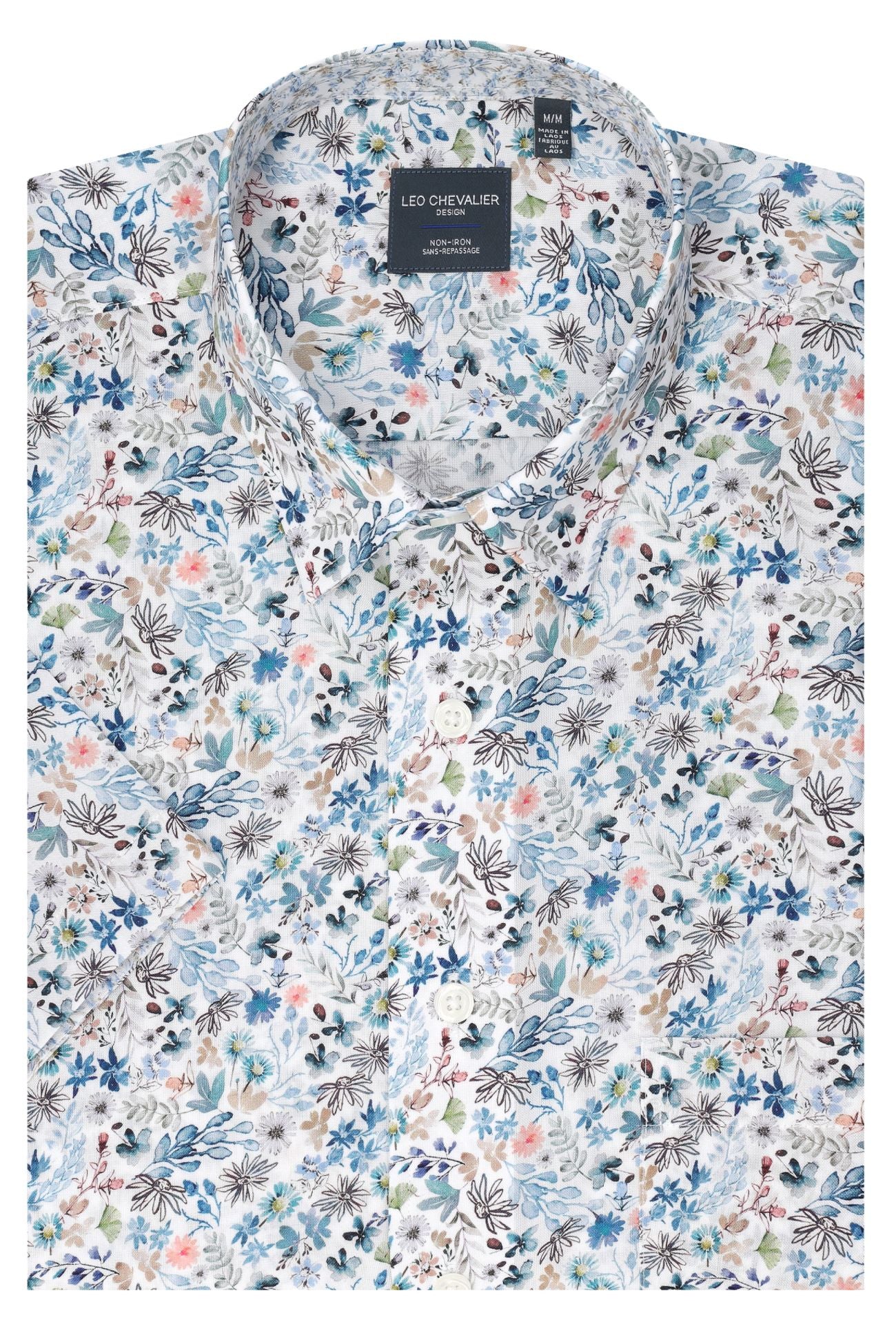 Pastel Mini Floral Print Short Sleeve No-Iron Cotton Sport Shirt with Hidden Button Down Collar by Leo Chevalier