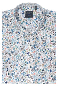 Pastel Mini Floral Print Short Sleeve No-Iron Cotton Sport Shirt with Hidden Button Down Collar by Leo Chevalier