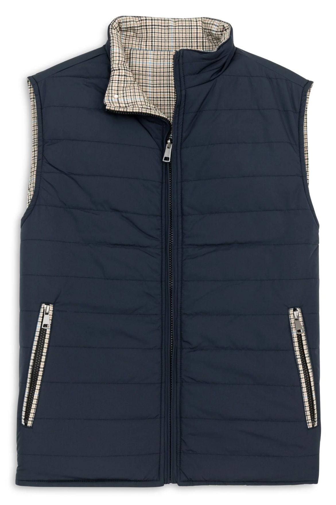 Reversible Wool Blend Houndstooth Quilted Vest in Khaki Plaid/Navy by Scott Barber