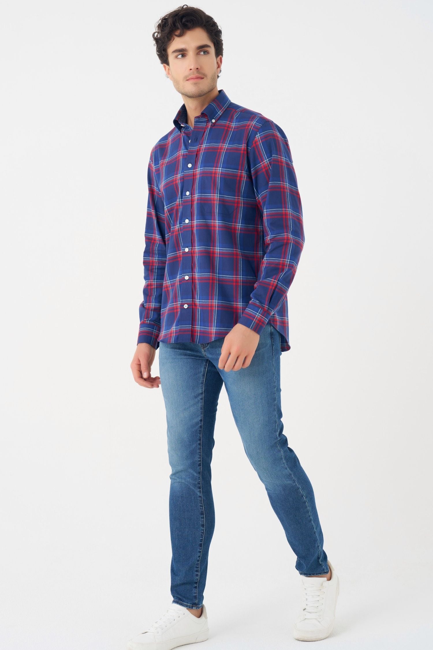Navy and Red Plaid Cotton Sport Shirt with Button Down Collar by Leo Chevalier