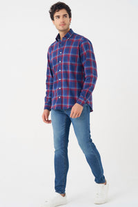 Navy and Red Plaid Cotton Sport Shirt with Button Down Collar by Leo Chevalier