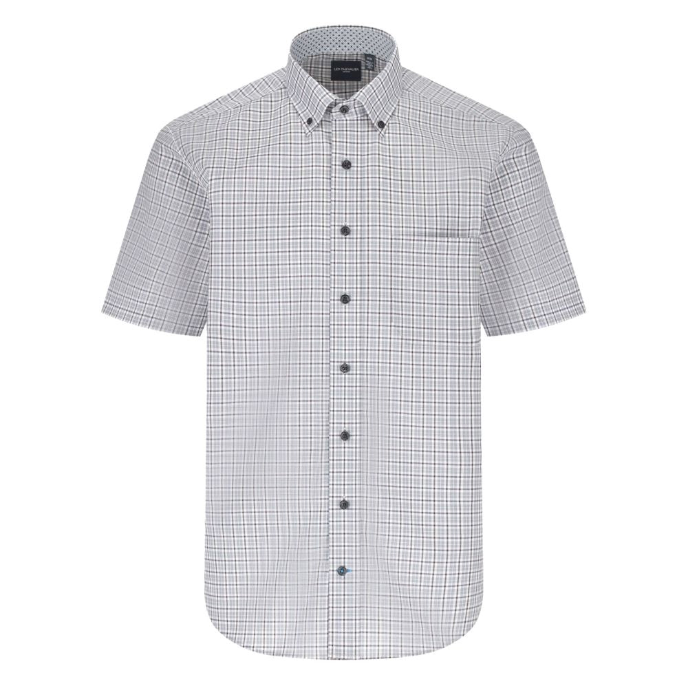 Grey Plaid Short Sleeve No-Iron Cotton Sport Shirt with Button Down Collar by Leo Chevalier