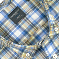 Sage and Blue Multi Plaid Short Sleeve No-Iron Cotton Sport Shirt with Button Down Collar by Leo Chevalier