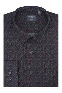Navy, Green, and Wine Abstract Print No-Iron Cotton Sport Shirt with Hidden Button Down Collar by Leo Chevalier
