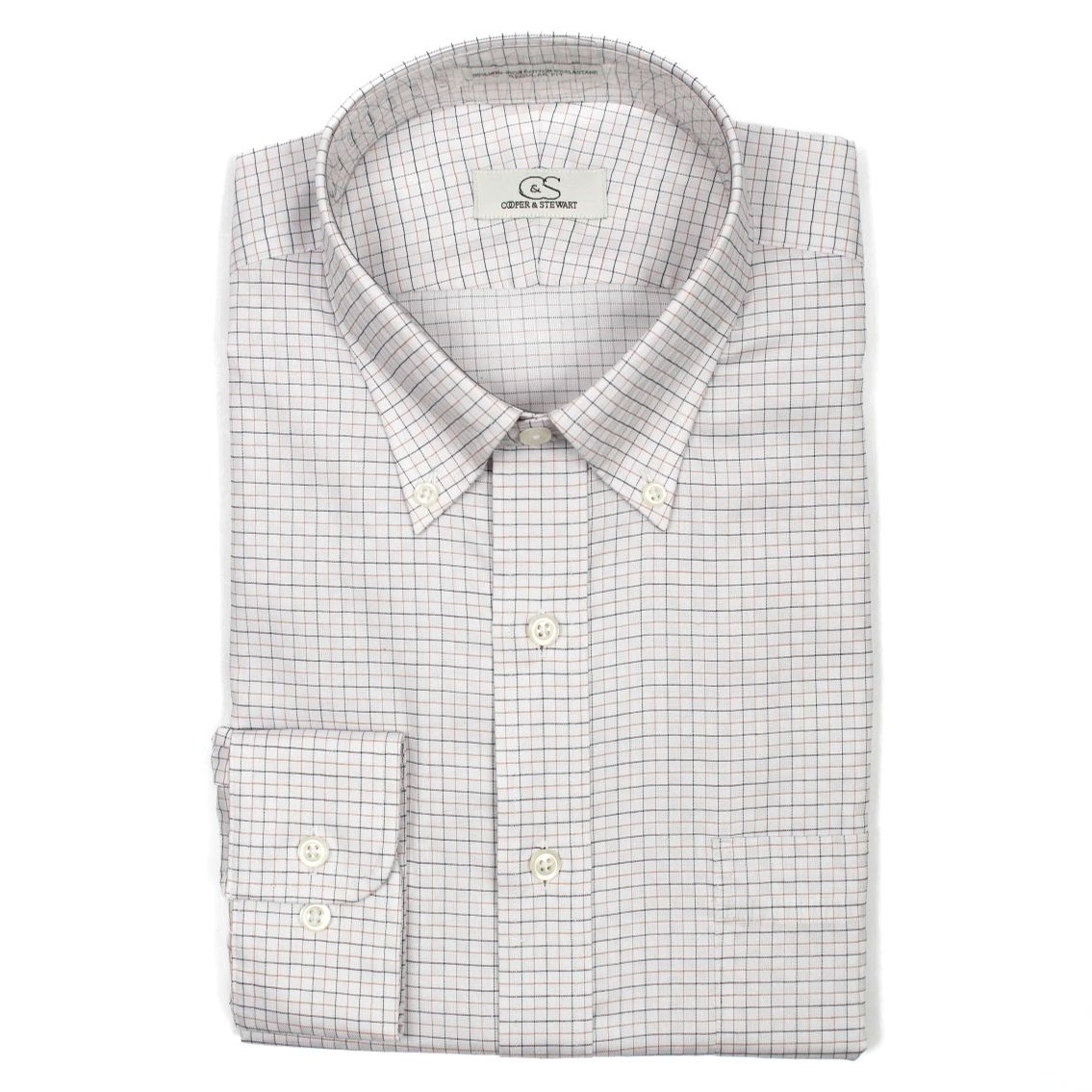 Tan & Black Check on Dobby Stretch Cotton Wrinkle-Free Dress Shirt with Button-Down Collar by Cooper & Stewart