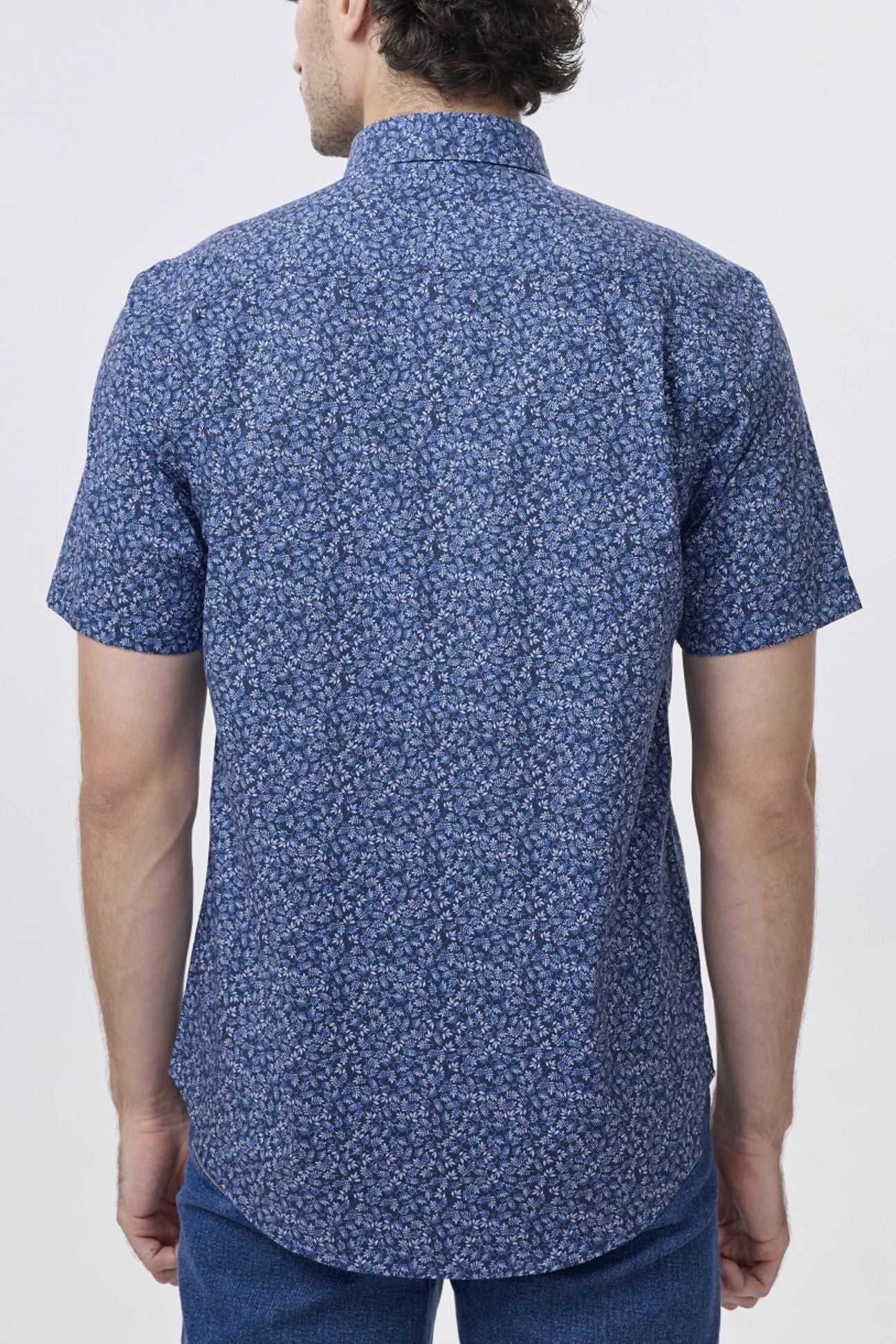 Navy and Blue Botanical Leaf Print Short Sleeve No-Iron Cotton Sport Shirt with Hidden Button Down Collar by Leo Chevalier